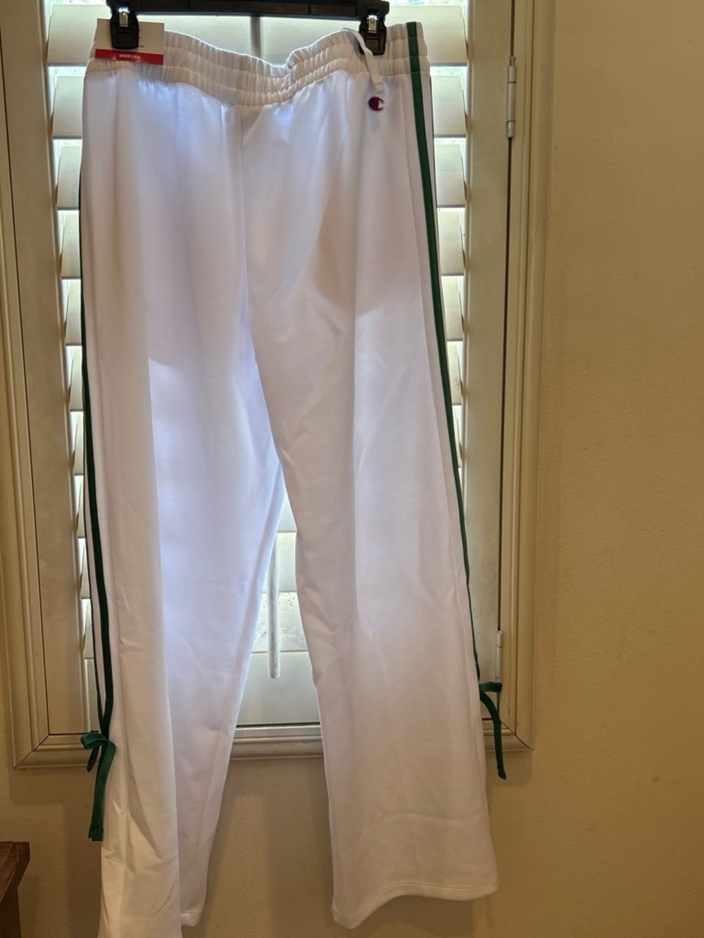 Champion White Wide Leg Track Pants with Green Side Stripes - Picture 3 of 4